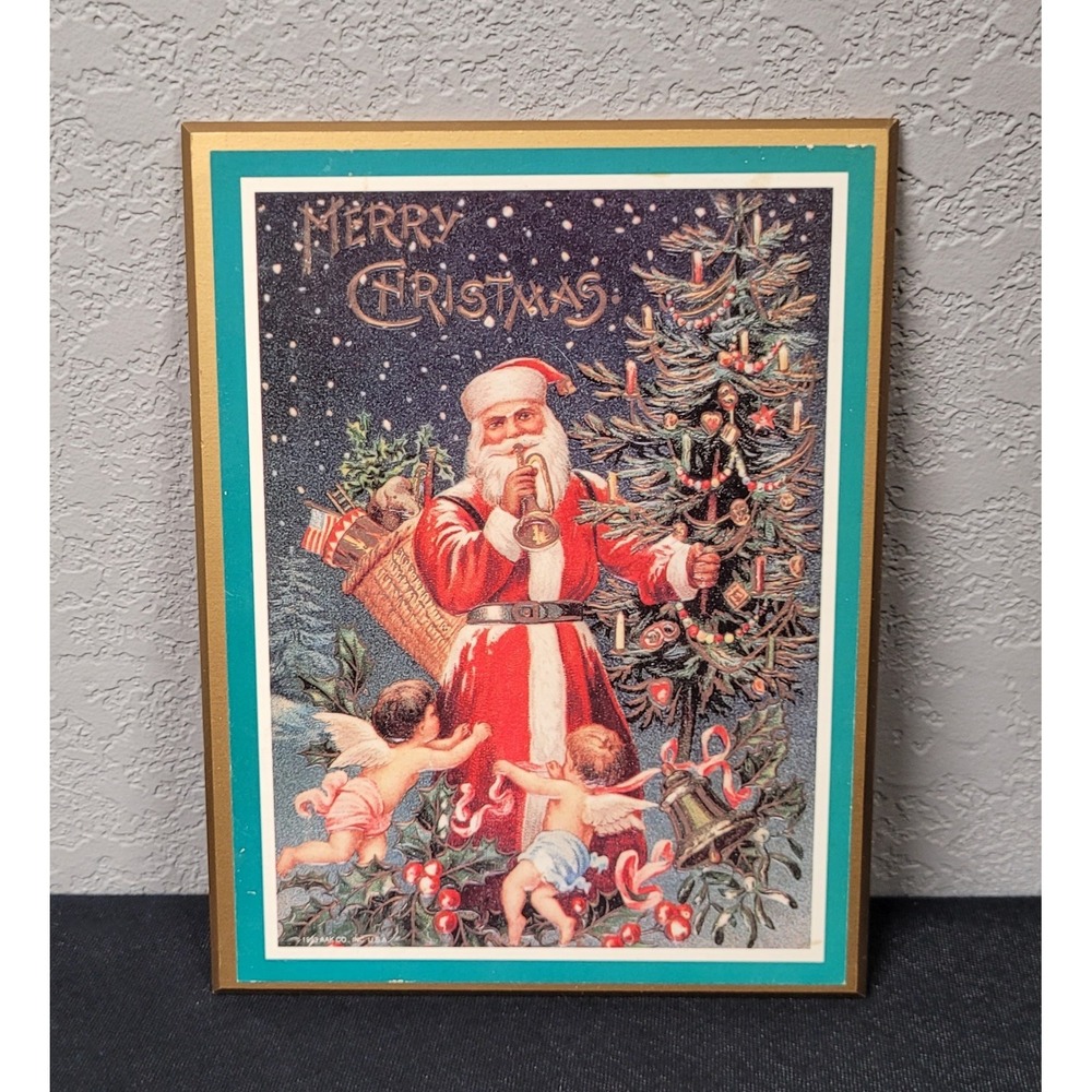 Vintage 1993 AAK Co Christmas Wood Plaque Santa Bugle Cherubs 1908 Postcard Art